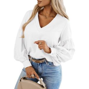 Caracilia Womens Dressy Casual Blouses Puff Long Sleeve Shirts V Neck Floral Boho Tops 2025 Fall Vacation Outfits(White)