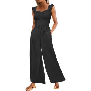 Caracilia Womens Jumpsuit Sleeveless Casual Dressy Smocked Wide Leg Rompers Summer Vacation Jumpers with Pockets 2026 Outfits(Black)