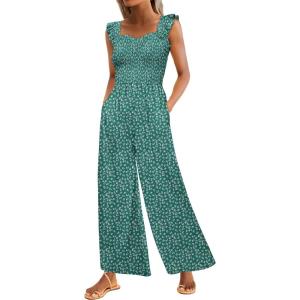 Caracilia Womens Jumpsuit Sleeveless Casual Dressy Smocked Wide Leg Rompers Summer Vacation Jumpers with Pockets 2026 Outfits(Green Floral)