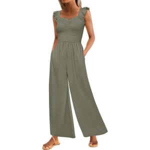Caracilia Womens Jumpsuit Sleeveless Casual Dressy Smocked Wide Leg Rompers Summer Vacation Jumpers with Pockets 2026 Outfits(Olive)