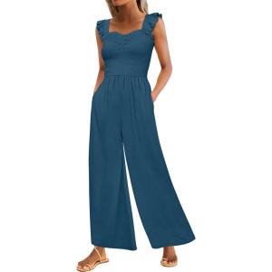 Caracilia Womens Jumpsuit Sleeveless Casual Dressy Smocked Wide Leg Rompers Summer Vacation Jumpers with Pockets 2026 Outfits(Teal Blue)
