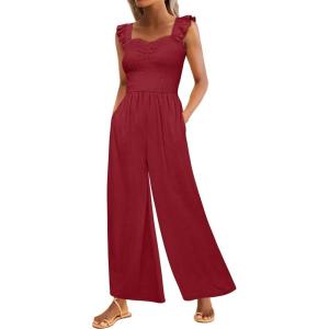Caracilia Womens Jumpsuit Sleeveless Casual Dressy Smocked Wide Leg Rompers Summer Vacation Jumpers with Pockets 2026 Outfits(Wine Red)