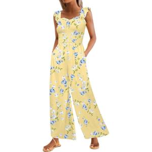 Caracilia Womens Jumpsuit Sleeveless Casual Dressy Smocked Wide Leg Rompers Summer Vacation Jumpers with Pockets 2026 Outfits(Yellow Blue Flower)