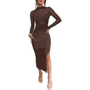 Caracilia Womens Mesh Dress Long Sleeve Mock Neck Bodycon Sheer Going Out Cocktail Night Club Midi Dresses 3 Piece Outfits(Deep Brown)