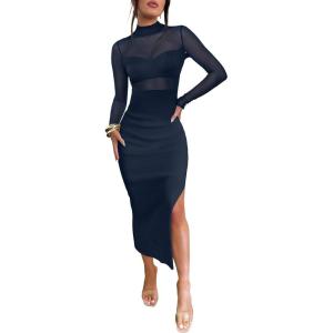 Caracilia Womens Mesh Dress Long Sleeve Mock Neck Bodycon Sheer Going Out Cocktail Night Club Midi Dresses 3 Piece Outfits(Navy Blue)