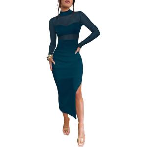 Caracilia Womens Mesh Dress Long Sleeve Mock Neck Bodycon Sheer Going Out Cocktail Night Club Midi Dresses 3 Piece Outfits(Teal)