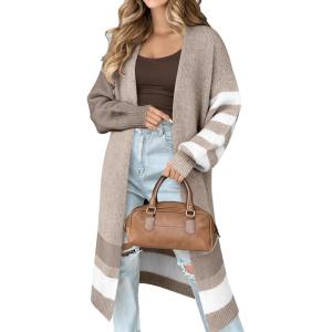 Caracilia Womens Oversized Long Cardigan Sweaters Color Block Open Front Duster Coat Knit Outwear 2025 Fall Outfits(Camel)