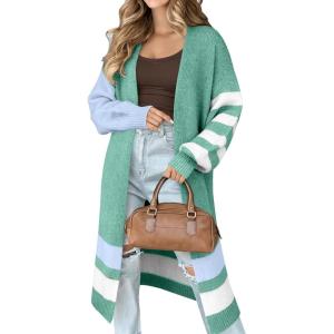 Caracilia Womens Oversized Long Cardigan Sweaters Color Block Open Front Duster Coat Knit Outwear 2025 Fall Outfits(Green)