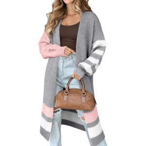 Caracilia Womens Oversized Long Cardigan Sweaters Color Block Open Front Duster Coat Knit Outwear 2025 Fall Outfits(Light Grey)
