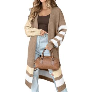 Caracilia Womens Oversized Long Cardigan Sweaters Color Block Open Front Duster Coat Knit Outwear 2025 Fall Outfits(Oatmeal)