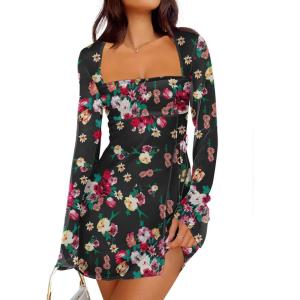 Caracilia Womens Sexy Mesh Ruched Mini Dresses Long Sleeve Square Neck Tie Fall Club Party Cocktail Short Dress 2025 Fashion(Black Floral)