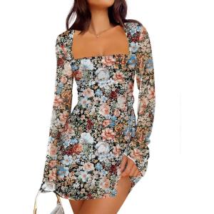 Caracilia Womens Sexy Mesh Ruched Mini Dresses Long Sleeve Square Neck Tie Fall Club Party Cocktail Short Dress 2025 Fashion(Multi Floral)