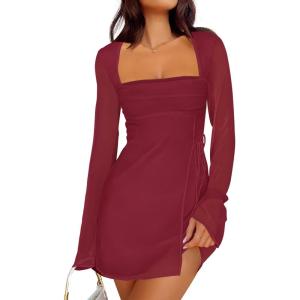 Caracilia Womens Sexy Mesh Ruched Mini Dresses Long Sleeve Square Neck Tie Fall Club Party Cocktail Short Dress 2025 Fashion(Wine Red)