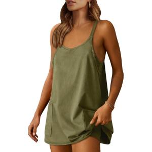 Caracilia Womens Summer Athletic Mini Dress Casual Sleeveless Built in Shapewear Romper Short Sundress Tennis Workout Outfits(Army Green)