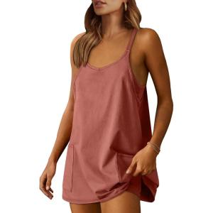 Caracilia Womens Summer Athletic Mini Dress Casual Sleeveless Built in Shapewear Romper Short Sundress Tennis Workout Outfits(Deep Rust)
