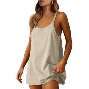 Caracilia Womens Summer Athletic Mini Dress Casual Sleeveless Built in Shapewear Romper Short Sundress Tennis Workout Outfits(Light Yellow)