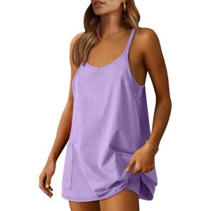 Caracilia Womens Summer Athletic Mini Dress Casual Sleeveless Built in Shapewear Romper Short Sundress Tennis Workout Outfits(Purple)
