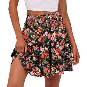 Caracilia Womens Summer Flowy Mini Skorts Skirts High Waist Ruffle Tiered Casual Cute Boho Beach Short Skirts Built-in Shorts(Black Orange Floral)