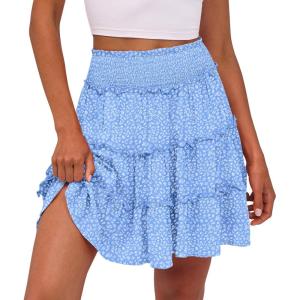 Caracilia Womens Summer Flowy Mini Skorts Skirts High Waist Ruffle Tiered Casual Cute Boho Beach Short Skirts Built-in Shorts(Blue Floral)
