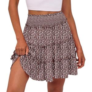 Caracilia Womens Summer Flowy Mini Skorts Skirts High Waist Ruffle Tiered Casual Cute Boho Beach Short Skirts Built-in Shorts(Brown Floral)