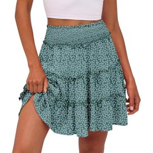 Caracilia Womens Summer Flowy Mini Skorts Skirts High Waist Ruffle Tiered Casual Cute Boho Beach Short Skirts Built-in Shorts(Green Floral)