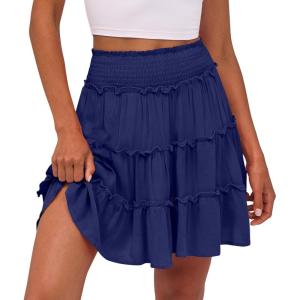 Caracilia Womens Summer Flowy Mini Skorts Skirts High Waist Ruffle Tiered Casual Cute Boho Beach Short Skirts Built-in Shorts(Navy Blue)