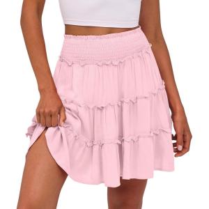 Caracilia Womens Summer Flowy Mini Skorts Skirts High Waist Ruffle Tiered Casual Cute Boho Beach Short Skirts Built-in Shorts(Pink)