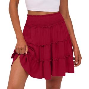 Caracilia Womens Summer Flowy Mini Skorts Skirts High Waist Ruffle Tiered Casual Cute Boho Beach Short Skirts Built-in Shorts(Red)