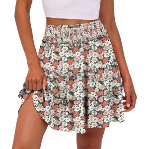 Caracilia Womens Summer Flowy Mini Skorts Skirts High Waist Ruffle Tiered Casual Cute Boho Beach Short Skirts Built-in Shorts(White Pink Floral)