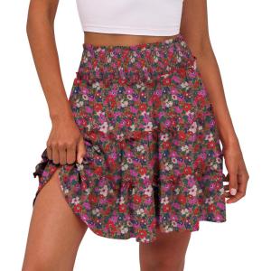 Caracilia Womens Summer Flowy Mini Skorts Skirts High Waist Ruffle Tiered Casual Cute Boho Beach Short Skirts Built-in Shorts(White Red Floral)