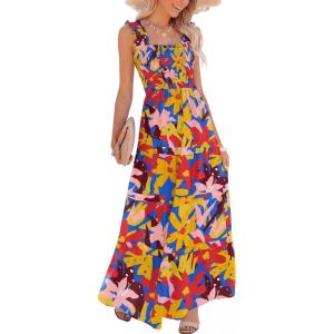 Caracilia Womens Summer Maxi Dresses Floral Smocked Sleeveless Ruffle Boho Casual Flowy Aline Beach Vacation Long Sundress(Multicolored Floral)
