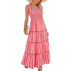 Caracilia Womens Summer Maxi Dresses Floral Smocked Sleeveless Ruffle Boho Casual Flowy Aline Beach Vacation Long Sundress(Watermelon Red Stripe)