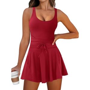 Caracilia Women’s Tennis Mini Dresses Workout Built in Shorts Golf Athletic Sleeveless One Piece Summer Active Romper Dress(Red)