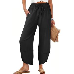 Caracilia Womens Wide Leg Capri Palazzo Pants Drawstring Casual Lounge Flowy Summer Beach Vacation Crop Trousers with Pockets(Black)
