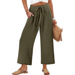 Caracilia Womens Wide Leg Palazzo Pants Cropped High Waisted 2026 Summer Casual Loose Lounge Flowy Travel Work Trousers(Army Green)