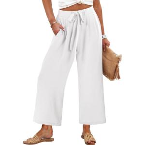 Caracilia Womens Wide Leg Palazzo Pants Cropped High Waisted 2026 Summer Casual Loose Lounge Flowy Travel Work Trousers(White)