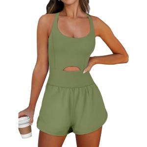 Caracilia Women’s Workout Athletic Romper Summer Sets Short Jumpsuits Onesie Running Outfits Exercise Gym 2026 Trendy Clothes(Army Green)