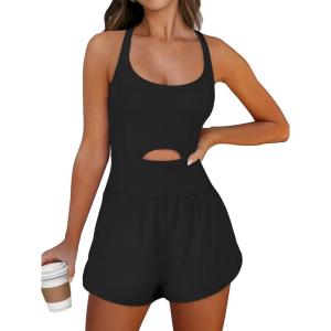 Caracilia Women’s Workout Athletic Romper Summer Sets Short Jumpsuits Onesie Running Outfits Exercise Gym 2026 Trendy Clothes(Black)