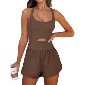 Caracilia Women’s Workout Athletic Romper Summer Sets Short Jumpsuits Onesie Running Outfits Exercise Gym 2026 Trendy Clothes(Coffee)