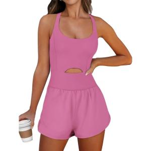Caracilia Women’s Workout Athletic Romper Summer Sets Short Jumpsuits Onesie Running Outfits Exercise Gym 2026 Trendy Clothes(Deep Pink)