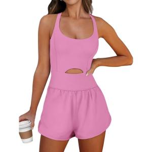 Caracilia Women’s Workout Athletic Romper Summer Sets Short Jumpsuits Onesie Running Outfits Exercise Gym 2026 Trendy Clothes(Pink)