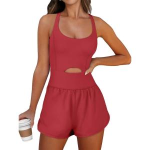 Caracilia Women’s Workout Athletic Romper Summer Sets Short Jumpsuits Onesie Running Outfits Exercise Gym 2026 Trendy Clothes(Red)