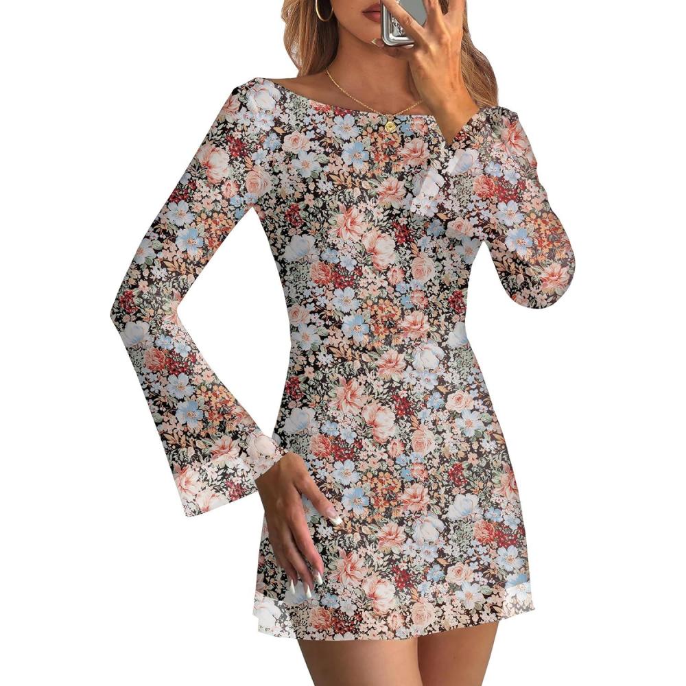 imageCaracilia Bell Long Sleeve Mini Dresses for Women Boat Neck Mesh 2026 Fall Sexy Date Party Floral Trendy Y2K Short DressMulti Floral