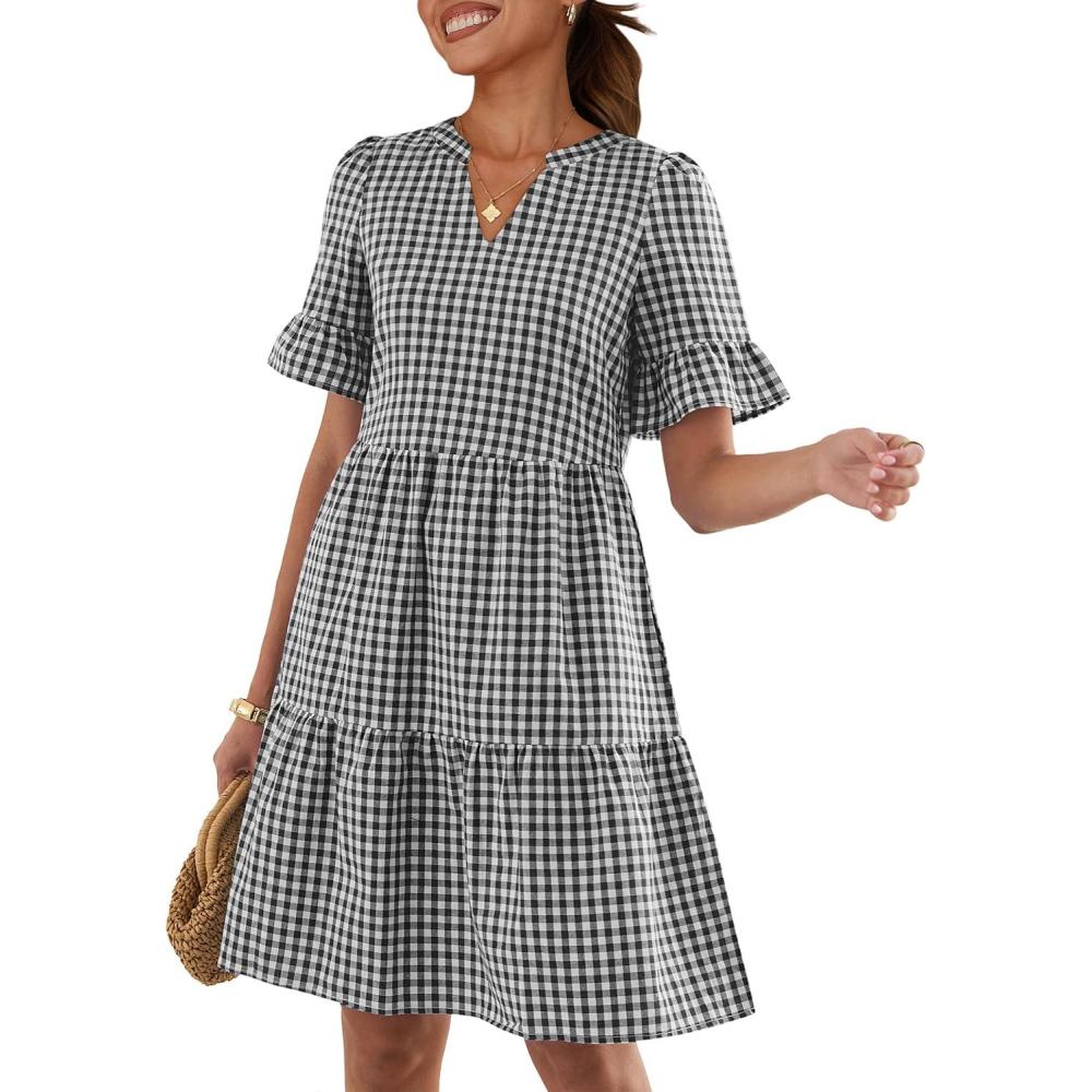 imageCaracilia Dresses for Women Summer 2026 Striped V Neck Ruffle Sleeve A Line Tiered Flowy Casual Mini Beach Dress with PocketsBlack White Plaid