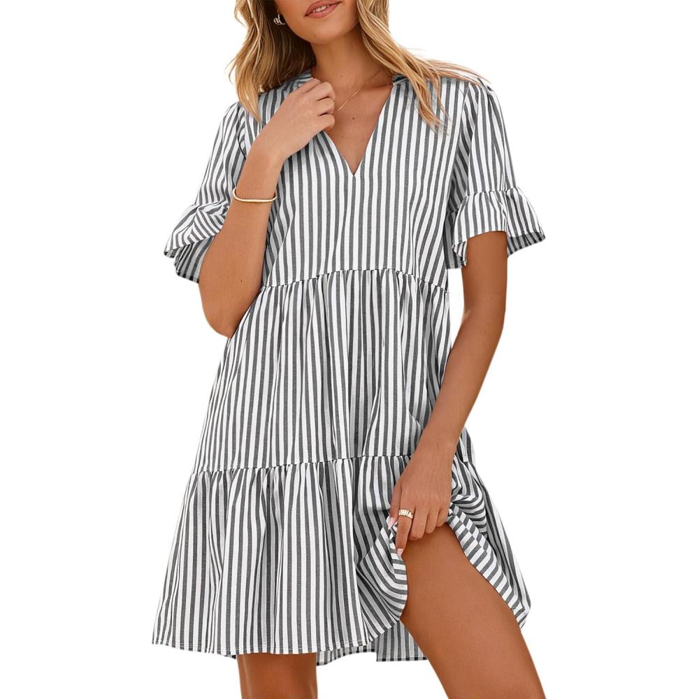 imageCaracilia Dresses for Women Summer 2026 Striped V Neck Ruffle Sleeve A Line Tiered Flowy Casual Mini Beach Dress with PocketsBlack White Stripe