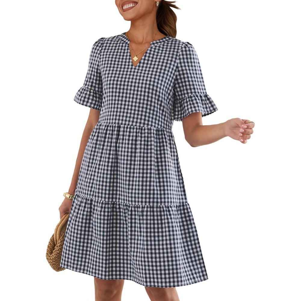 imageCaracilia Dresses for Women Summer 2026 Striped V Neck Ruffle Sleeve A Line Tiered Flowy Casual Mini Beach Dress with PocketsNavy Blue White Plaid