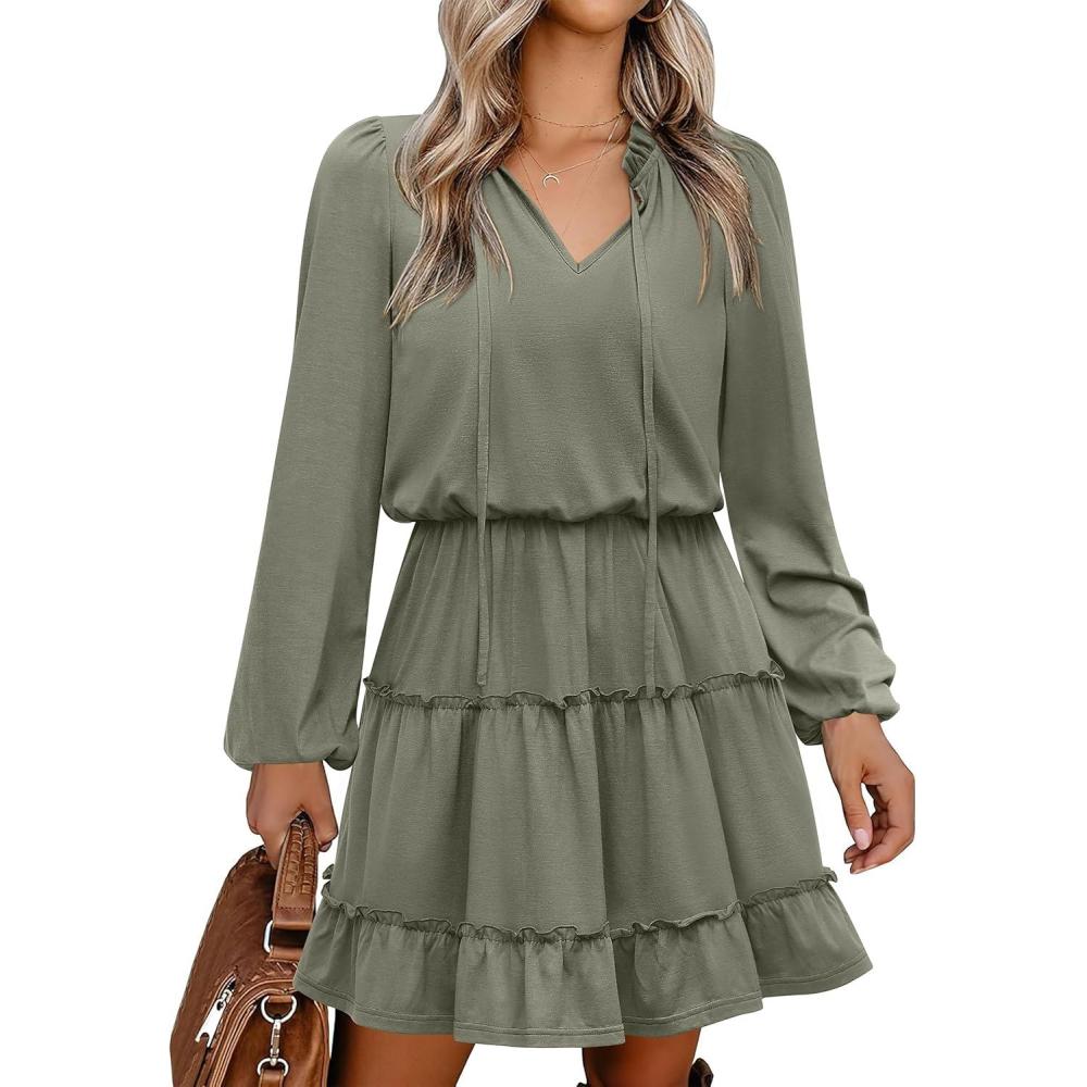 imageCaracilia Long Sleeve Dress for Women Fall 2025 Casual V Neck High Waist Tiered Ruffle Aline Swing Tunic Short Mini DressesArmy Green