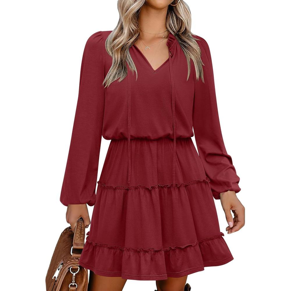 imageCaracilia Long Sleeve Dress for Women Fall 2025 Casual V Neck High Waist Tiered Ruffle Aline Swing Tunic Short Mini DressesDeep Red