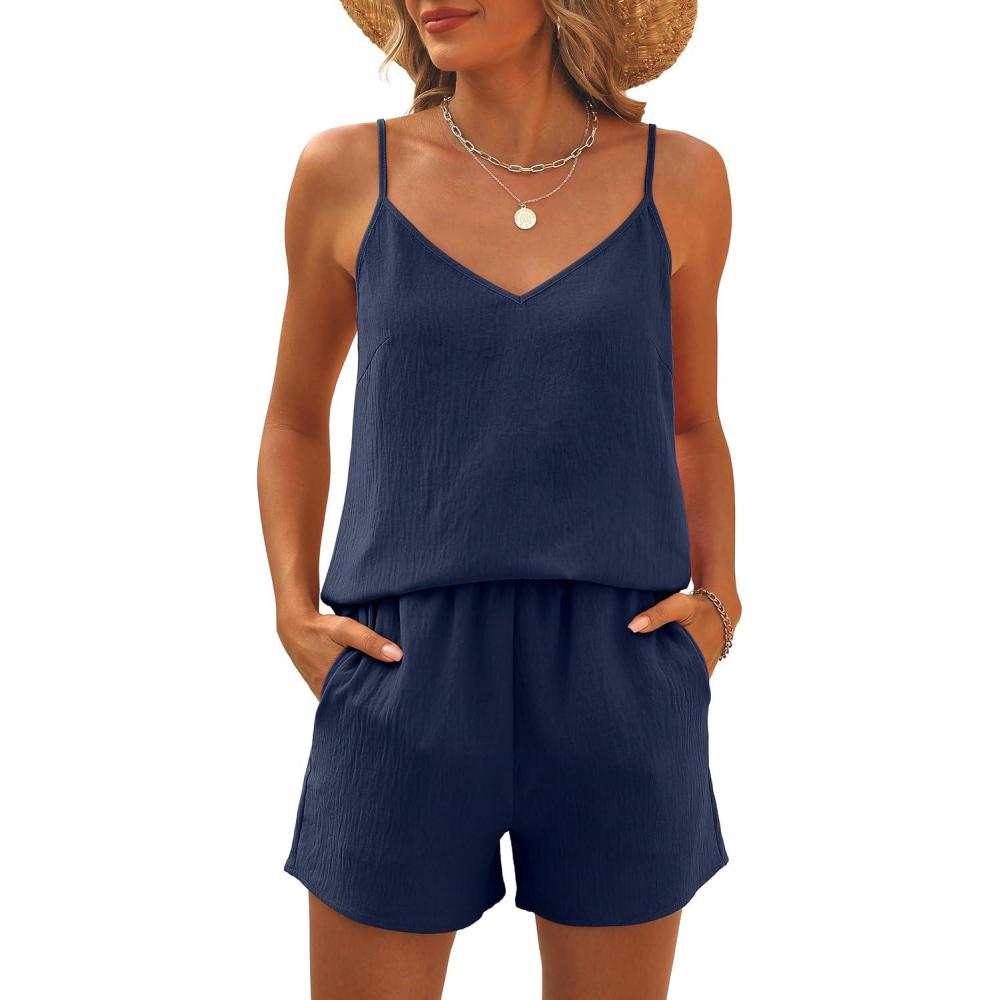 imageCaracilia Lounge Sets for Women 2 Piece Travel V Neck Tank Short Matching Set Summer Casual Spring Trendy Comfy Outfits 2026Navy Blue