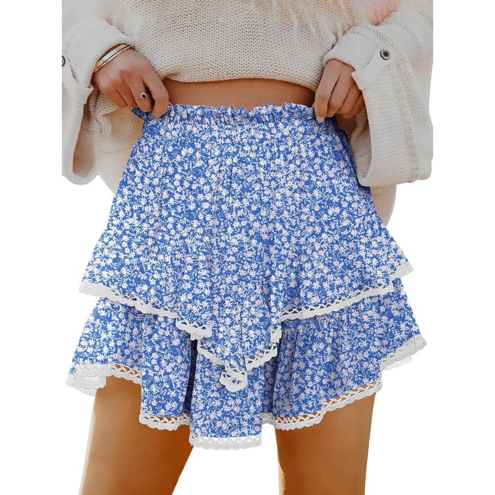 imageCaracilia Mini Skirts for Women Summer Casual Boho Crochet Ruffle Flowy Skirt Built in Shorts 2025 Fashion Trendy SkortsBlue White Floral Pink